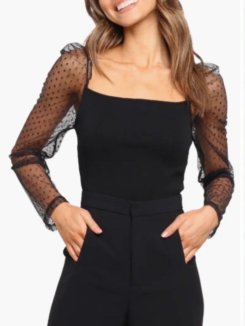 Petal & Pup Rigala Sheer Swiss Dot Sleeve Top – Black – Small – Square Neck